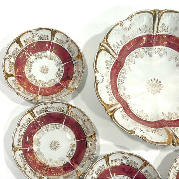 Antique Vintage JPF Germany Bowl Set Large & 6 Small Salad Soup Pasta Flower - Picture 3 of 15